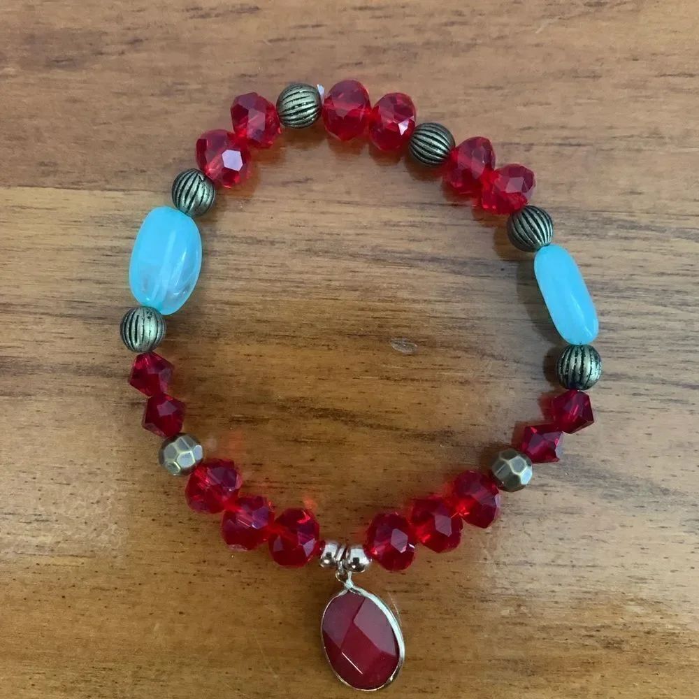 Handmade beaded stretch bracelet red turquoise